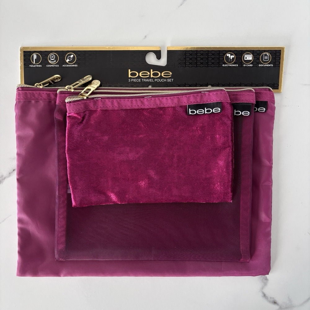 Bebe Travel Pouch Make-up Bags Zip Close Velvet Mesh, Satin Plum set of 3